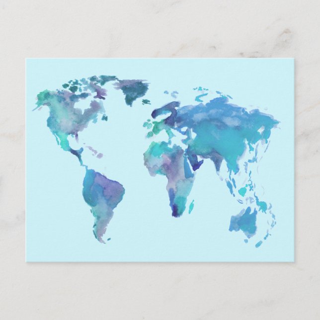 Blaue Weltkarte von Watercolor Postkarte (Vorderseite)