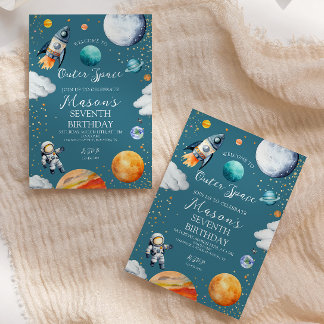 Blaue Weltraumrakete & Astronauten Kindergeburtsta Einladung