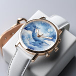 Blaue Whale Wasserfarbe Traum individuell Armbanduhr<br><div class="desc">Whimsical Aquarell Stil #generativecintent Abbildung eines blauen Wals über den Wolken unter einem blauen Himmel schwebend.</div>