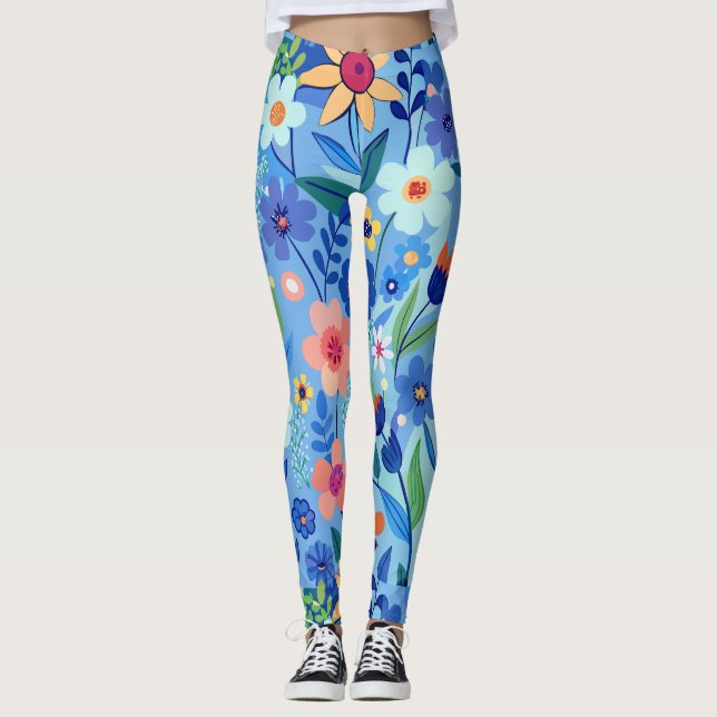 Blaue Wiese Blumenpastel Benutzerdefiniertes Muste Leggings (Vorderseite)