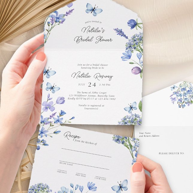 Blaue Wildblume Brautparty und Teeweg Rezept All In One Einladung (Trifold Bridal Shower Invitation with Recipe Card from my Blue Wildflower Bridal Shower Collection)