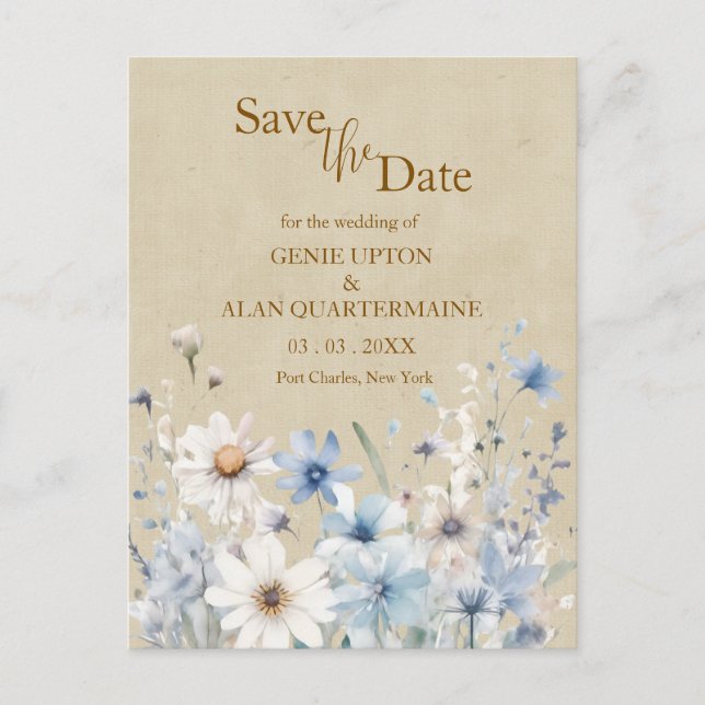 Blaue Wildblume Save the Date Postkarte (Vorderseite)