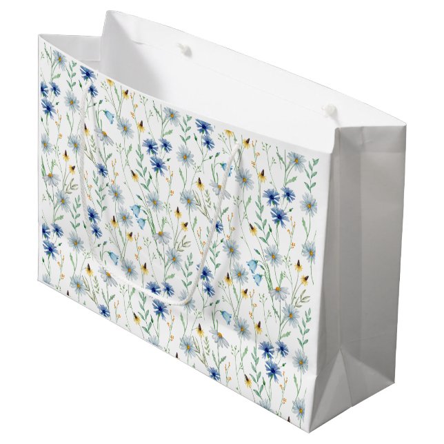 Blaue Wildblume Wasserfarbe Große Geschenktüte (Vorderseite Schrägansicht)