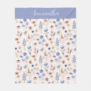 Blaue Wildblumen-Aquarell-Name Fleecedecke