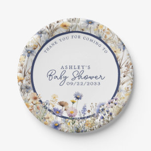Blaue Wildblumen Boho Aquarell-Baby Shower Pappteller