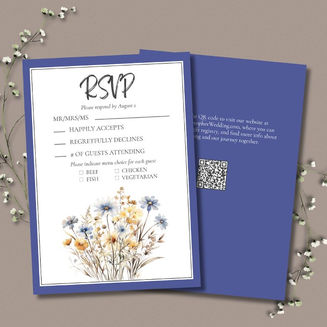 Blaue Wildblumen Formal Elegante Moderne Hochzeit RSVP Karte (Blue Wildflowers Formal Elegant Wedding RSVP Card with Menu Options, QR Code.)
