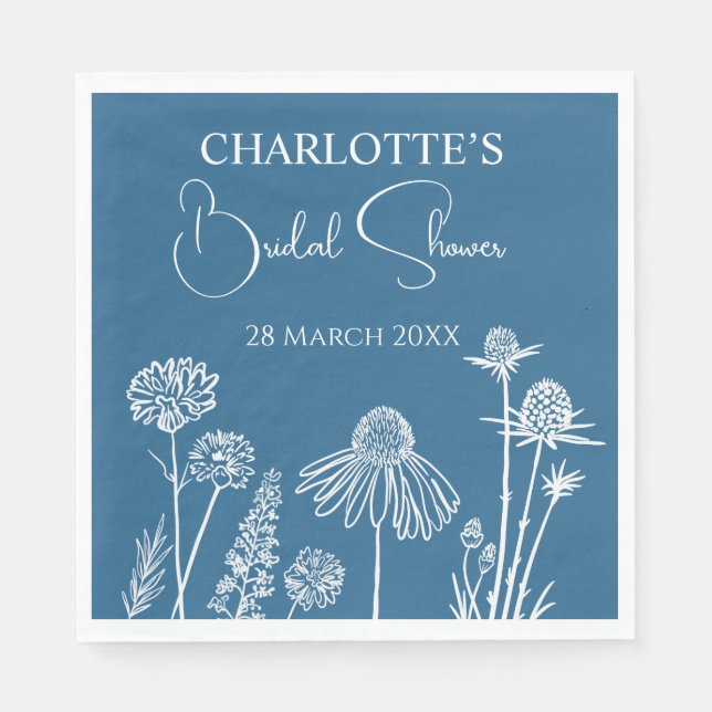 Blaue Wildblumen Gezeichnetes Brautparty Serviette (Vorderseite)