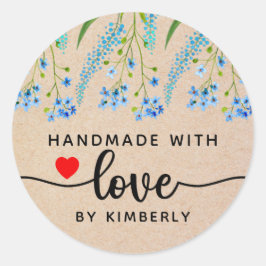 Blaue Wildblumen handgefertigt mit Liebe Classic R Runder Aufkleber