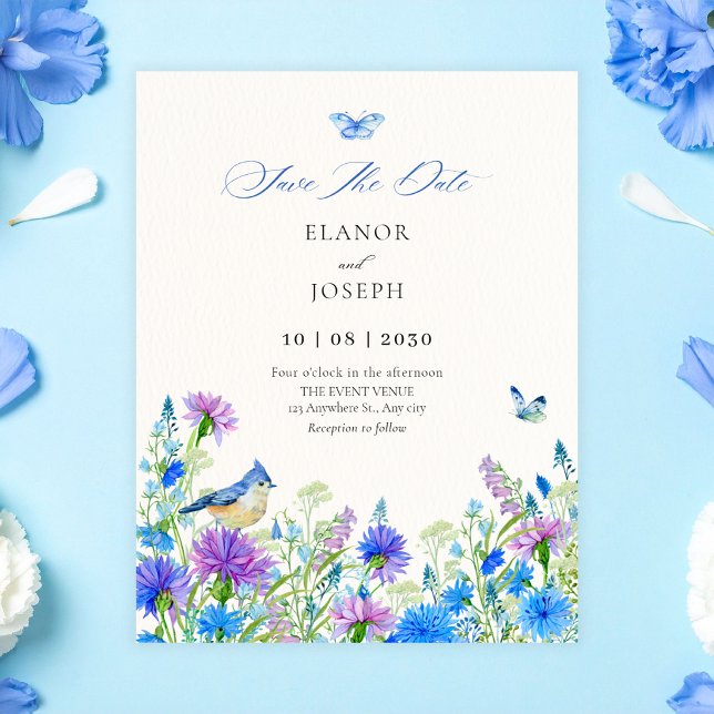 Blaue Wildblumen-Hochzeit Save The Date (Von Creator hochgeladen)