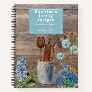 Blaue Wildblumen Holz Küchenutensilien Rezept Notizbuch