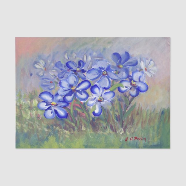 Blaue Wildblumen in einer Feld-feine Kunst-Malerei Seidenpapier (Vorderseite)