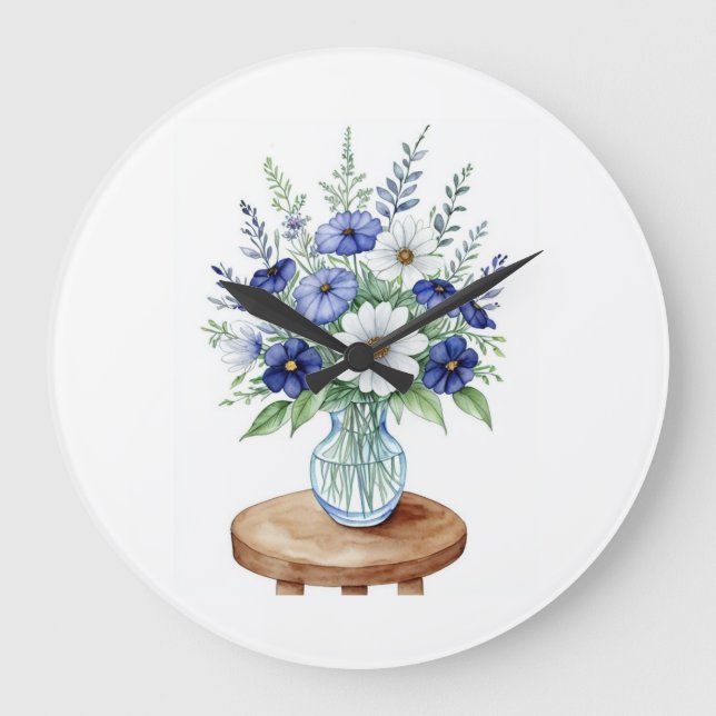 Blaue Wildblumen in einer Vasenhalle Große Wanduhr (Vorderseite)