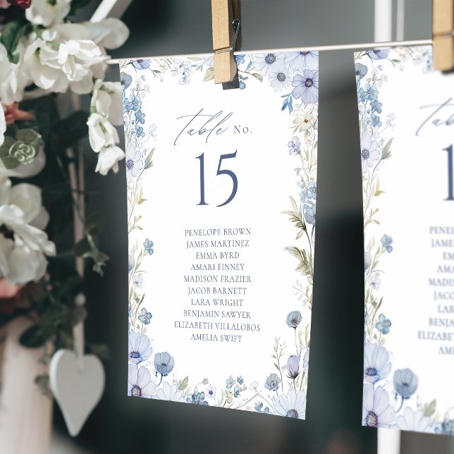 Blaue Wildblumen-Rand-Tischnummer-Sitzplan Einladung (Blue Wildflower Border Table Number Seating Chart)