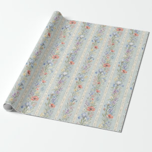 Blaue Wildblumen-Spitzenstreifen-Wasserfarben-Gesc Geschenkpapier