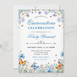 Blaue Wildblumen und Schmetterlinge Quinceanera Einladung