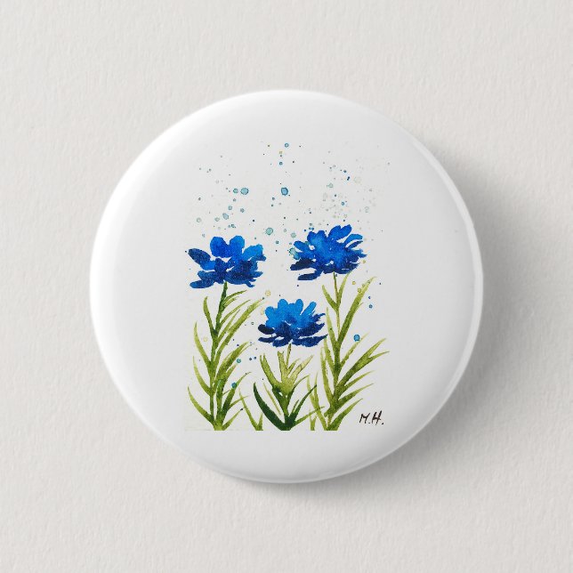 Blaue Wildblumen Wasserfarbe gürtnisch chic Button (Vorderseite)