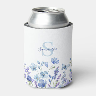 Blaue Wildblumen-Wasserfarbe-Monogramm-Name Dosenkühler