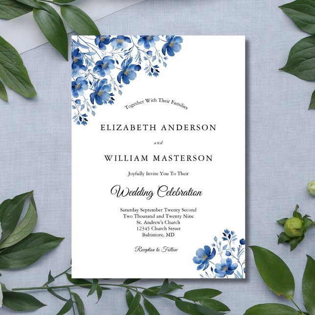 Blaue Wildblumen Wasserfarben Elegante Moderne Hoc Einladung (Blue Watercolor Wildflowers Floral Elegant Formal Wedding Invitation. Printed or Digital Download)