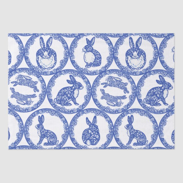 Blaue Willow Rabbit Whimsical Isle of Rabbits Wrap Seidenpapier (Vorderseite)