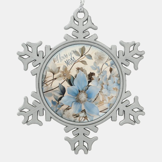 Blaue Winter-Blume für die Mama Schneeflocken Zinn-Ornament (Vorderseite)