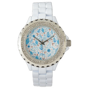 Blaue Winter Botanisches Muster in Wasserfarbe Armbanduhr