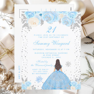 Blaue Winter-Braunhaar-Prinzessin-Geburtstagsfeier Postkarte