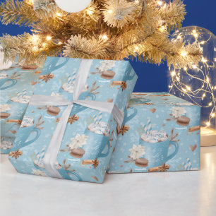 Blaue Winter-Heiße-Schokolade- und Macaron-Muster Geschenkpapier