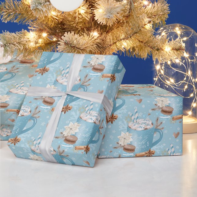 Blaue Winter-Heiße-Schokolade- und Macaron-Muster Geschenkpapier (Feiertage)