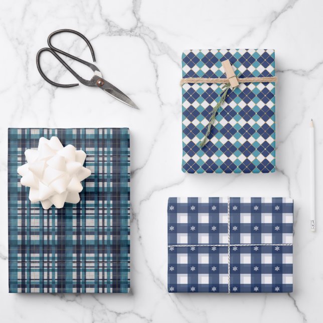 Blaue Winter-Karree-Assortment Geschenkpapier Set (Vorderseite)