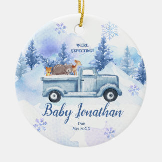 Blaue Winter LKW-Tier erwarten Eltern Keramik Ornament