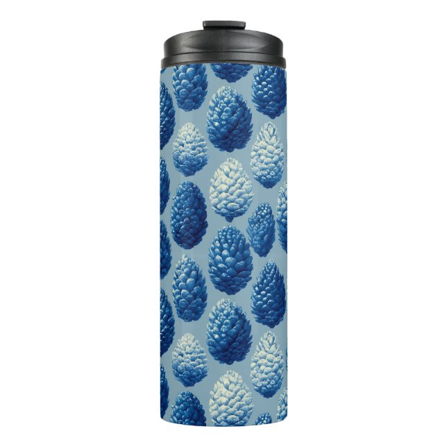 Blaue Winter Pine Cone Muster Thermosbecher (Vorderseite)