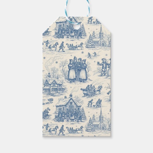 Blaue Winter-Toile-Chinoiserie Geschenkanhänger (Vorderseite)