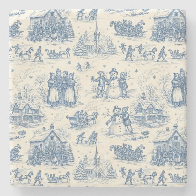 Blaue Winter-Toile-Chinoiserie Steinuntersetzer (Vorderseite)