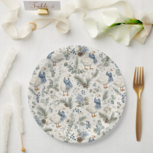 Blaue Wintergans-Aquarell-Weihnachtsfeier Pappteller