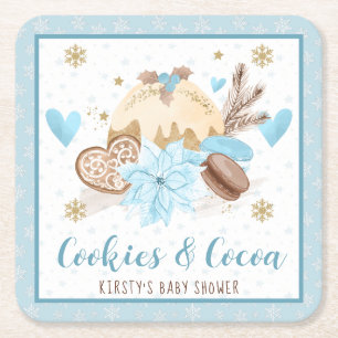 Blaue Winterkekse und Kakao Babyparty Rechteckiger Pappuntersetzer