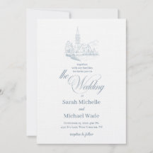 Blaue Winterkirche Kalligrafie-Hochzeitseinladung
