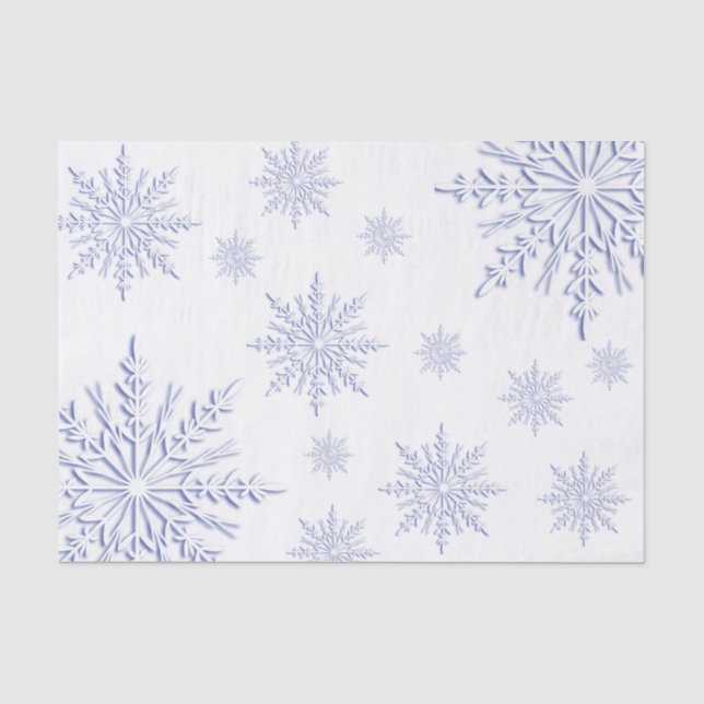 Blaue Winterschneeflocken auf Weiß Seidenpapier (Vorderseite)
