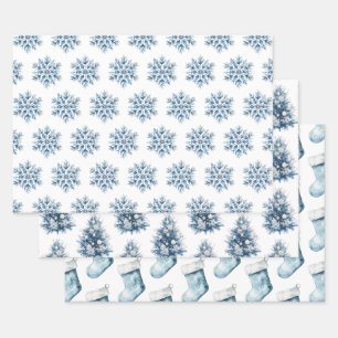 Blaue Winterschneeflocken Bäume Strümpfe Geschenkpapier Set