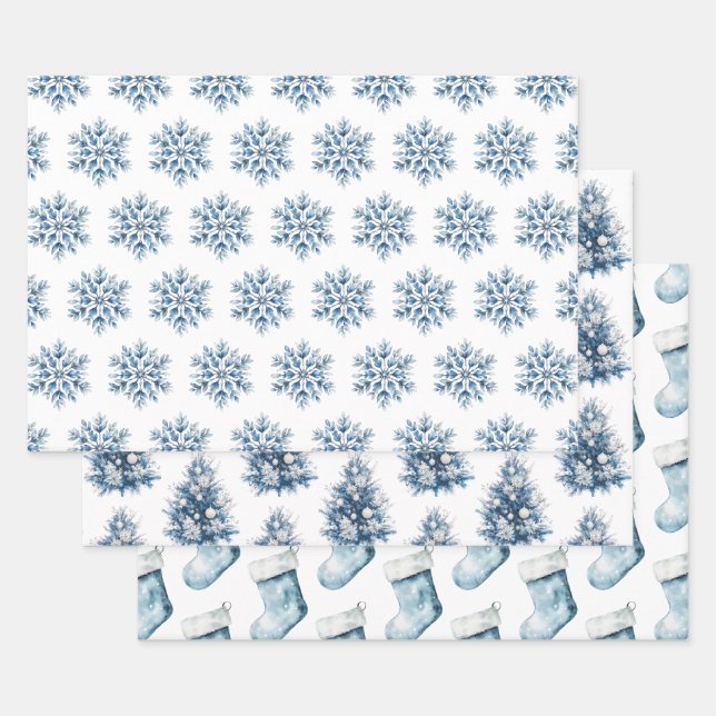 Blaue Winterschneeflocken Bäume Strümpfe Geschenkpapier Set (Set)