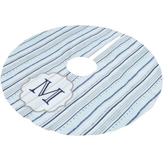 Blaue Winterstreifen Monogram, anfänglicher Treppe Polyester Weihnachtsbaumdecke (Schrägansicht)