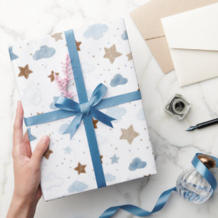 Blaue Wolken Goldene Sterne Auf Weißer Babyparty Geschenkpapier