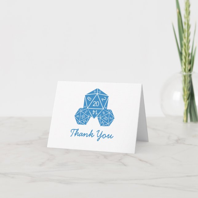 Blaue Würfel D20 danken Ihnen zu kardieren Dankeskarte (Vorderseite)