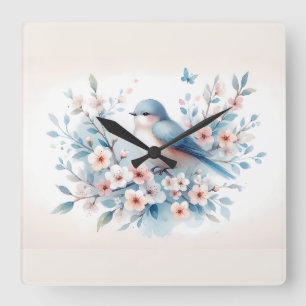 Blaue Zauberblüten-Aquarell Serenität Quadratische Wanduhr