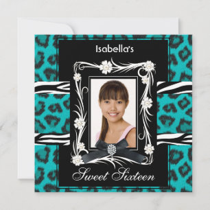 Blaue Zebra Leopard Sweet Sixteen 16 Schwarz Weiß Einladung