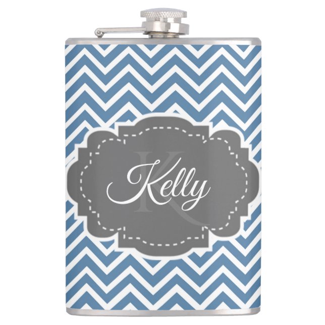 Blaue Zickzack Personalisierte Flasche Flachmann (Vorderseite)