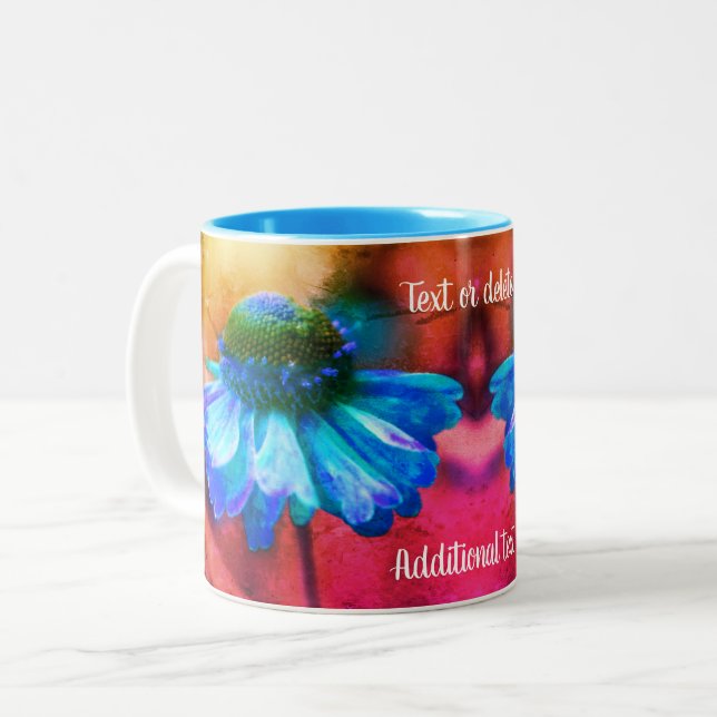 Blaue Zinnie Kunstgestörte Kunst Personalisiert Zweifarbige Tasse (Vorderseite Links)