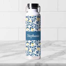 Blaue Zitronen-Aquarell-Monogramm-Name Trinkflasche