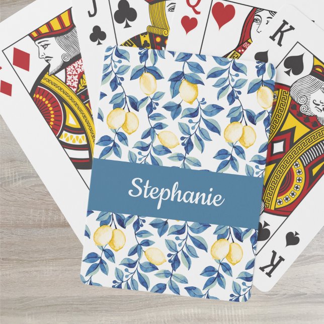 Blaue Zitronen-Wasserfarbe-Monogramm-Name Spielkarten (Von Creator hochgeladen)