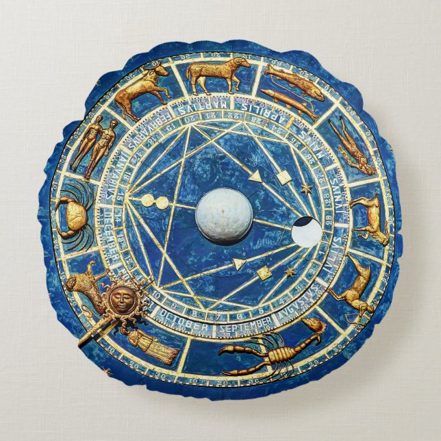 Blaue Zodiaka Astrologie Geburt / Sonne signiert G Rundes Kissen (Vorderseite)