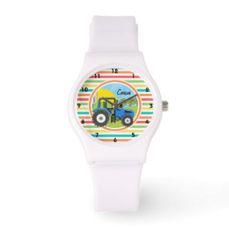 Blaue Zugmaschine; helle Regenbogenstreifen Armbanduhr